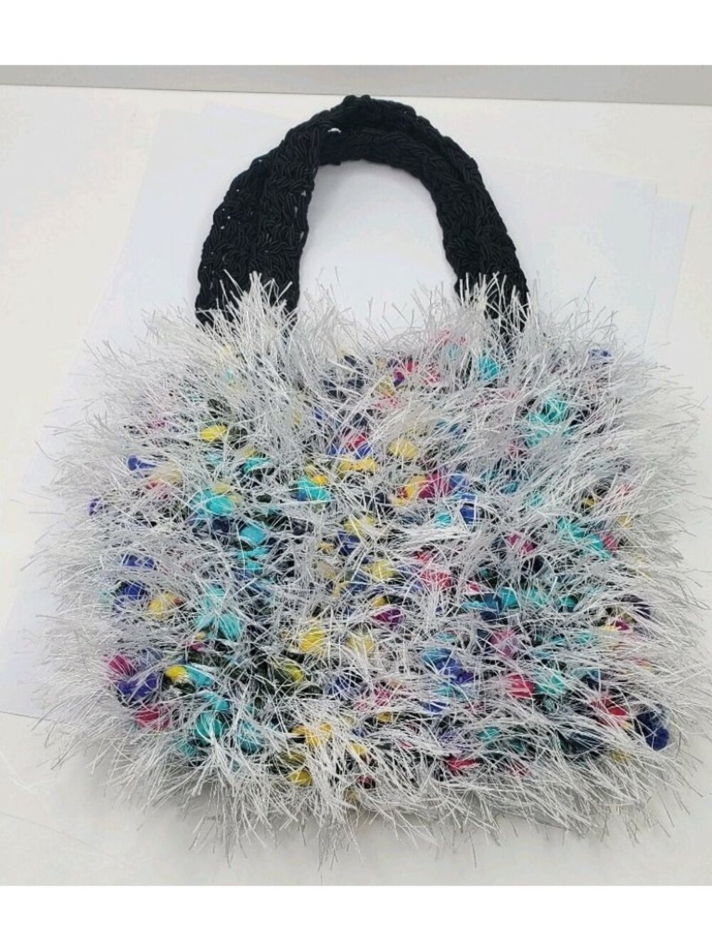 Black Crochet Knitted Handbag Purse with Unique Handmade? Confetti Puffy Cover